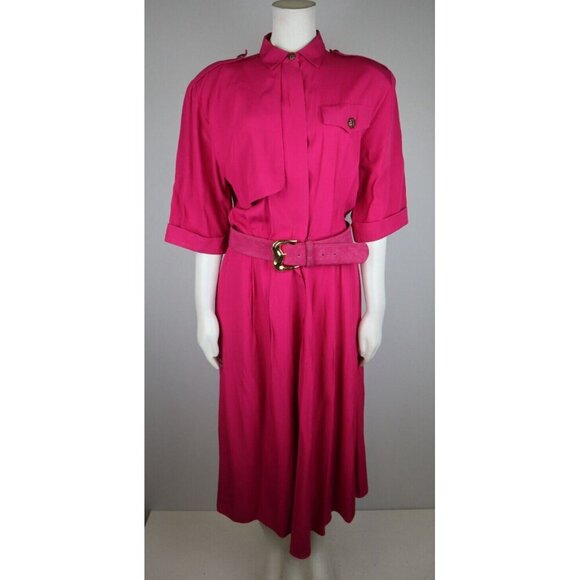 VINTAGE PINK SHORT SLEEVE BUTTON-UP SHIRT DRESS W/ SUEDE BELT - SL FASHIONS - - Picture 7 of 16